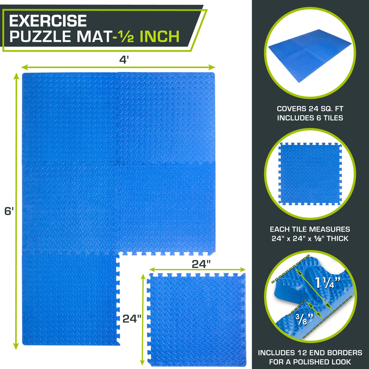 ProsourceFit Puzzle Exercise Mat ½ in, EVA Interlocking Foam Floor Tiles for Home Gym, Mat for Home Workout Equipment, Floor Padding for Kids, Black, 24 in x 24 in x ½ in, 24 Sq Ft - 6 Tiles - Dreamchaser Headquarters