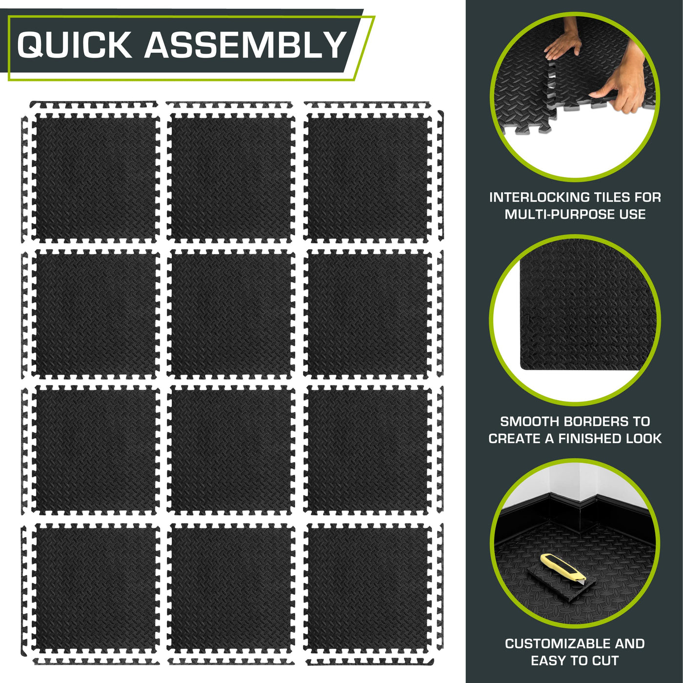 ProsourceFit Puzzle Exercise Mat ½ in, EVA Interlocking Foam Floor Tiles for Home Gym, Mat for Home Workout Equipment, Floor Padding for Kids, Black, 24 in x 24 in x ½ in, 24 Sq Ft - 6 Tiles - Dreamchaser Headquarters