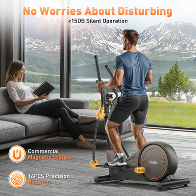 Niceday Elliptical Machine in action, featuring a user performing a workout at home.