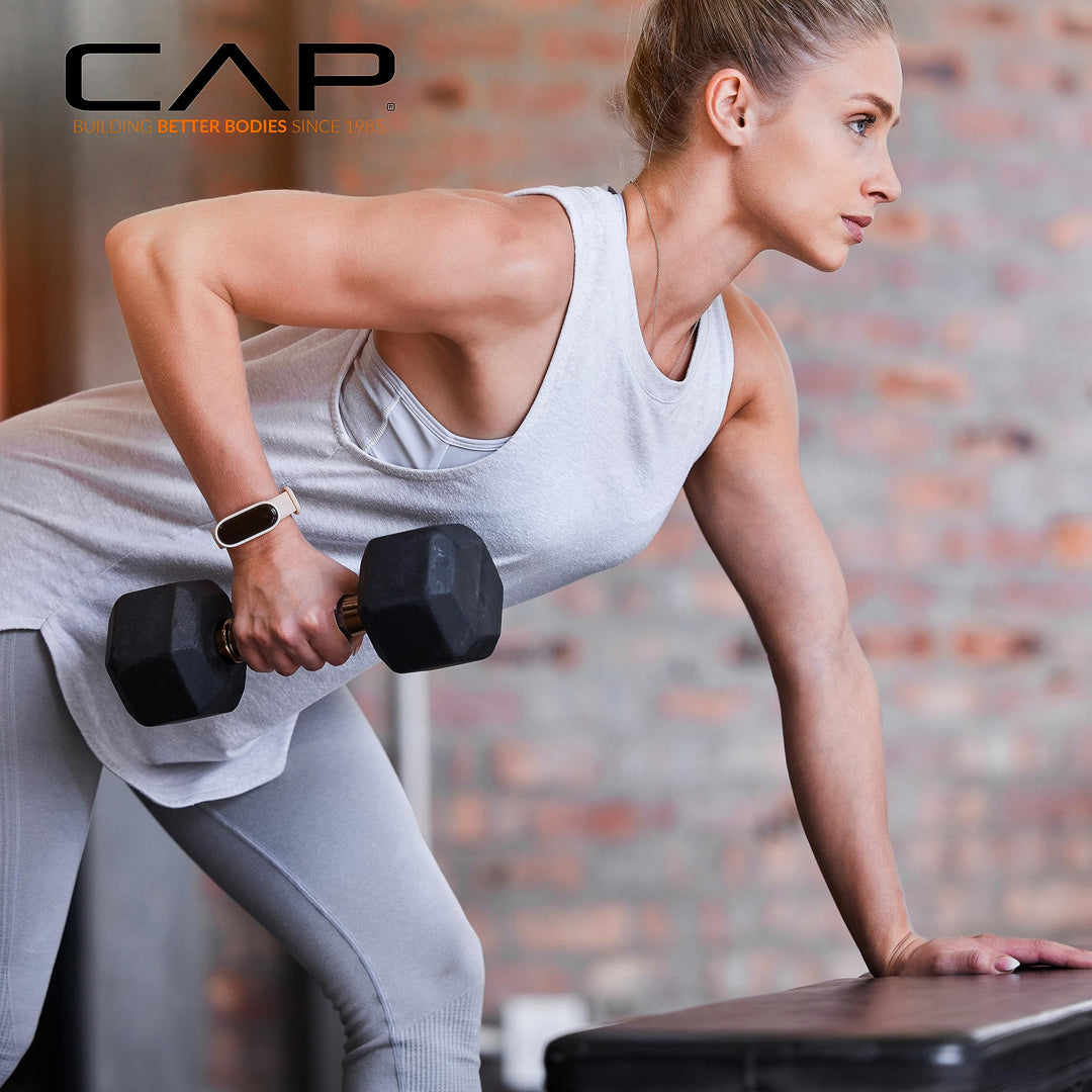 Hex dumbbells with rack detail, emphasizing the black powder coat and robust construction.