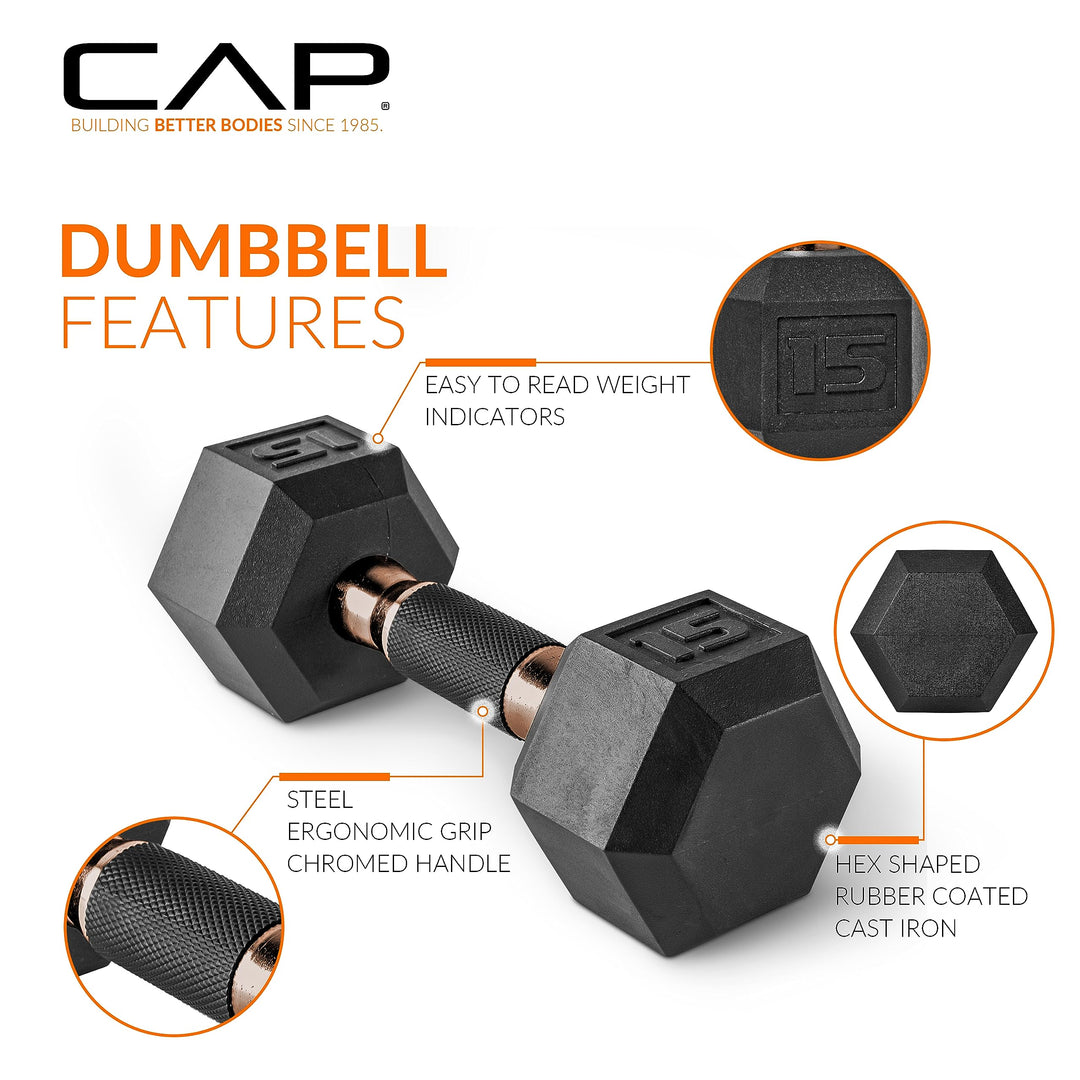 CAP Barbell hex dumbbells with rack in a workout environment, highlighting versatility.