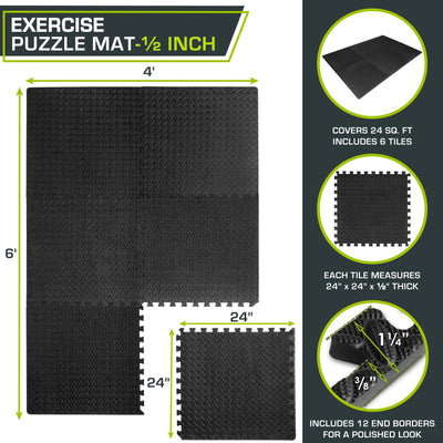 ProsourceFit Puzzle Exercise Mat ½ in, EVA Interlocking Foam Floor Tiles for Home Gym, Mat for Home Workout Equipment, Floor Padding for Kids, Black, 24 in x 24 in x ½ in, 24 Sq Ft - 6 Tiles - Dreamchaser Headquarters