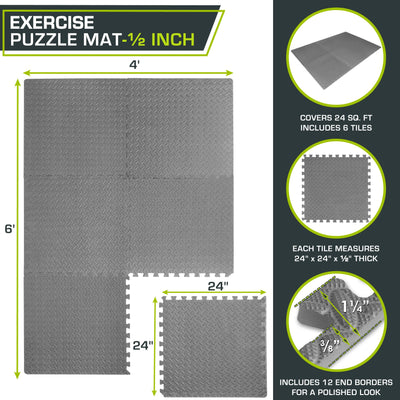 ProsourceFit Puzzle Exercise Mat ½ in, EVA Interlocking Foam Floor Tiles for Home Gym, Mat for Home Workout Equipment, Floor Padding for Kids, Black, 24 in x 24 in x ½ in, 24 Sq Ft - 6 Tiles - Dreamchaser Headquarters
