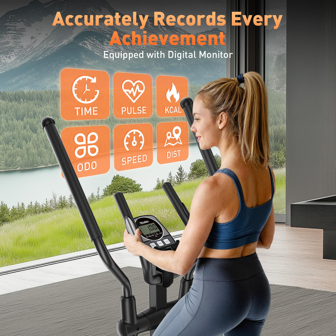 Niceday Elliptical Machine's high weight capacity showcased during an intense home workout.