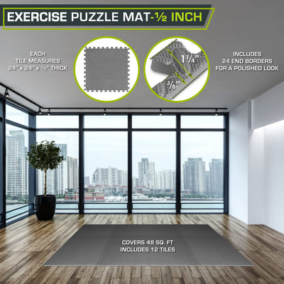 ProsourceFit Puzzle Exercise Mat ½ in, EVA Interlocking Foam Floor Tiles for Home Gym, Mat for Home Workout Equipment, Floor Padding for Kids, Black, 24 in x 24 in x ½ in, 24 Sq Ft - 6 Tiles - Dreamchaser Headquarters