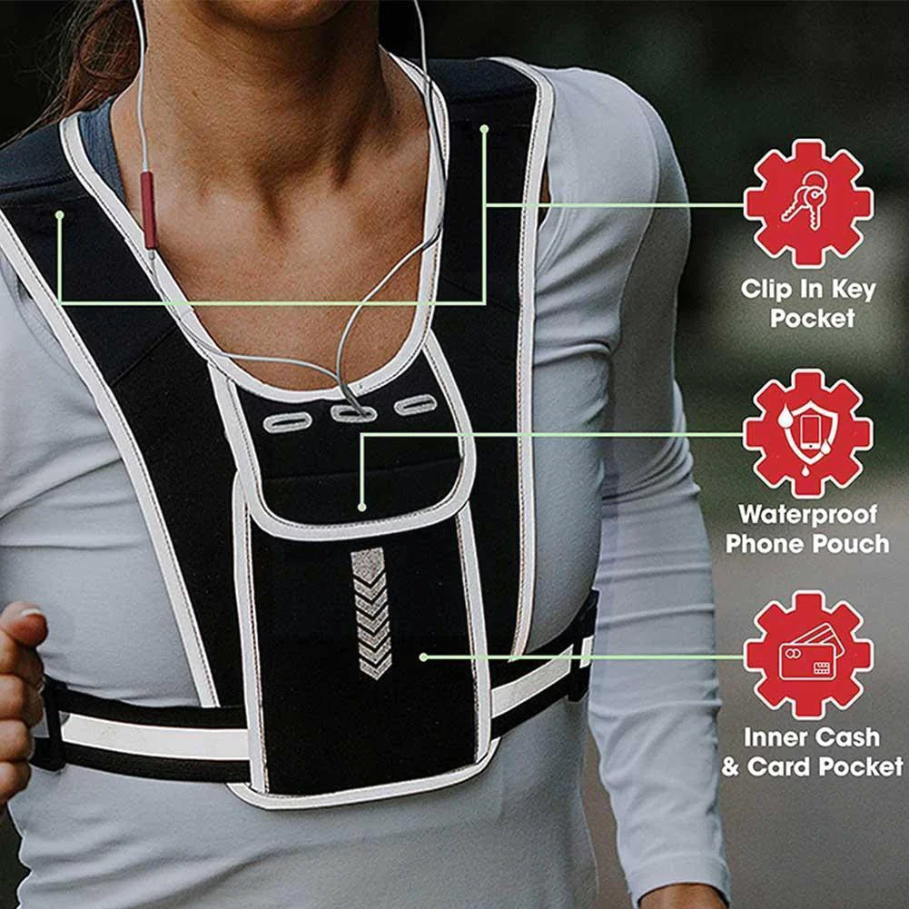 Outdoor hydration backpack featured in black, perfect for water bottle storage during running with a reflective design.