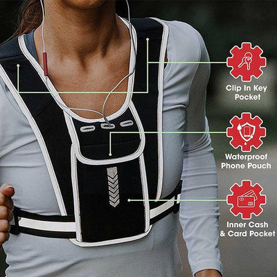 Outdoor hydration backpack featured in black, perfect for water bottle storage during running with a reflective design.