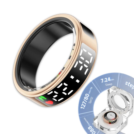 Touch Screen Smart Ring for Men Women 2024 with heart rate monitor, sleep monitor, and step tracker. This stylish gold fitness ring features an IP68 waterproof design, perfect for tracking your health and activities.
