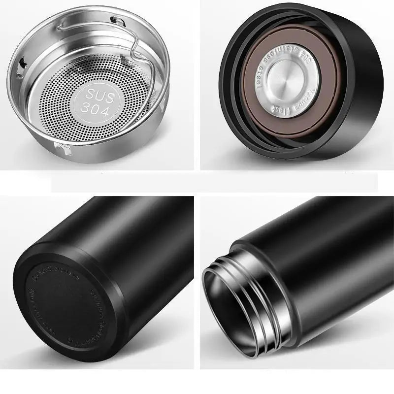 Various beverages poured into the LED Temperature Display Thermos Bottle highlighting its versatility.
