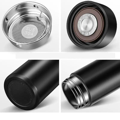 Various beverages poured into the LED Temperature Display Thermos Bottle highlighting its versatility.