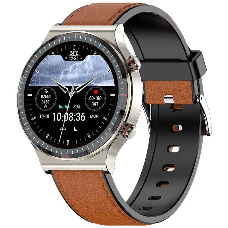 Close-up of the smartwatch with ECG, showing bright display and health monitoring capabilities.