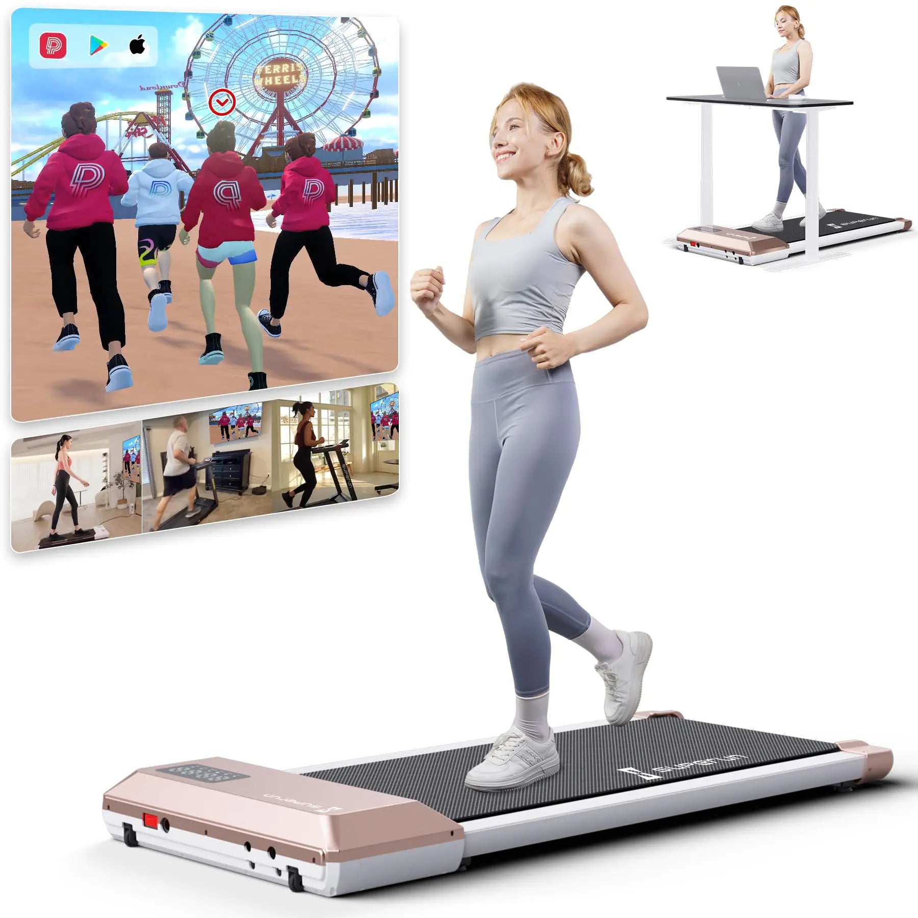 Smart Walking Pad Treadmill with Pitpat APP, showcasing its portable and space-saving design. Perfect for home users looking for an easy-to-move treadmill.
