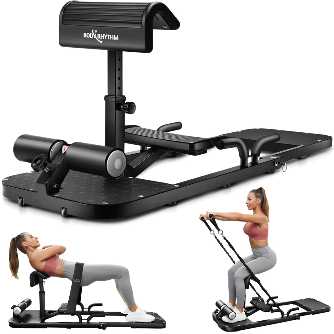 BODY RHYTHM Sissy Squat Machine showcasing its multifunctional design, ideal hip thrust equipment for enhancing glute strength and leg conditioning.