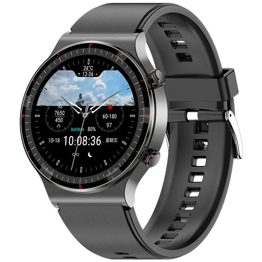 Smartwatch with ECG, displaying heart rate, blood pressure, and fitness tracking features.