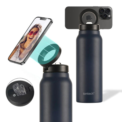 Insulated water bottle with phone holder in navy blue featuring a magnetic mount, perfect for sports and travel.