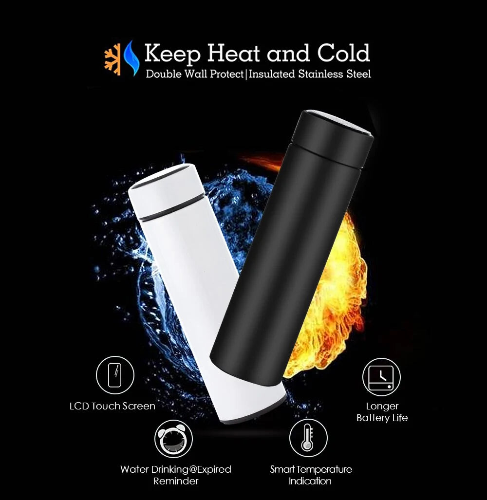 The sleek design of the LED Temperature Display Thermos Bottle resting on a table.