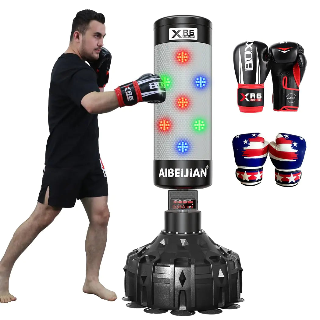 Smart Music Punching Bag 75" with Boxing Gloves, showcasing its sleek design, 4 training modes, and Bluetooth connectivity for an engaging workout experience.