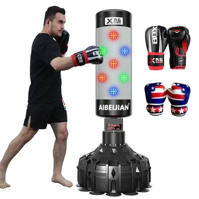 Smart Music Punching Bag 75" with Boxing Gloves, showcasing its sleek design, 4 training modes, and Bluetooth connectivity for an engaging workout experience.