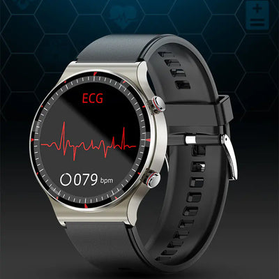 User wearing a stylish smartwatch with ECG, perfect for health monitoring on-the-go.