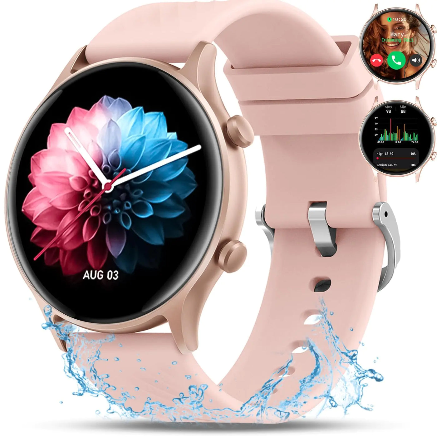 Smart Watch for Women with stylish design, multiple customizable dials, and extensive fitness tracking features, compatible with both iPhone and Android devices.